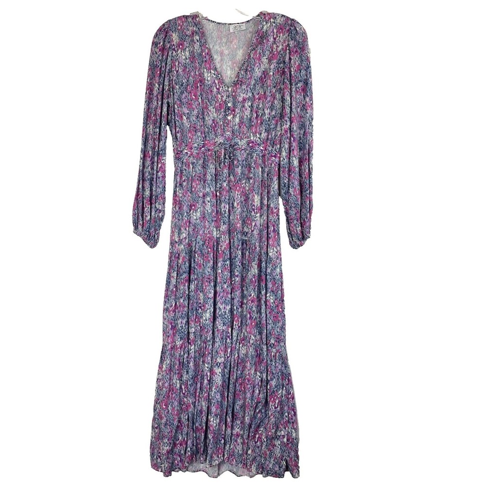 Anna Kay Tiered Midi Dress Purple Pink Long Sleeve Viscose Lightweight Airy